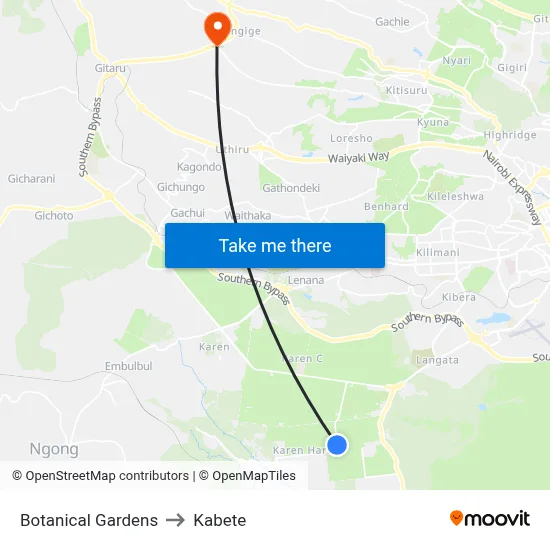 Botanical Gardens to Kabete map
