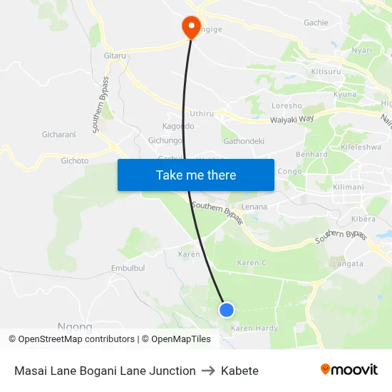 Masai Lane Bogani Lane Junction to Kabete map
