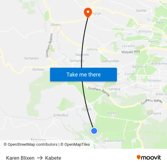 Karen Blixen to Kabete map
