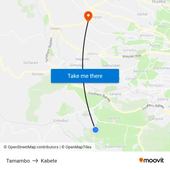 Tamambo to Kabete map