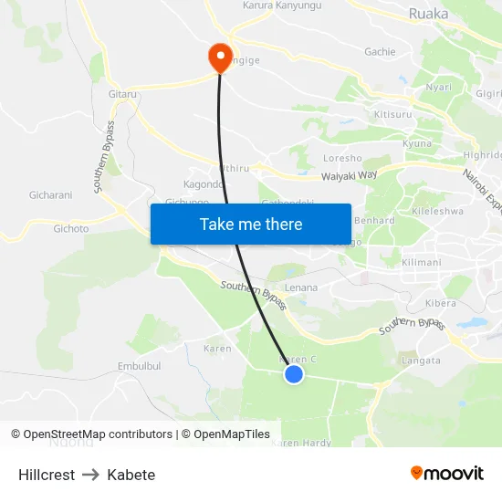 Hillcrest to Kabete map