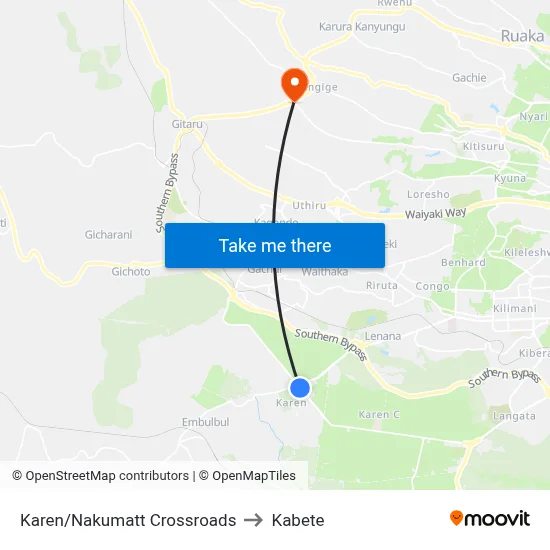 Karen/Nakumatt Crossroads to Kabete map