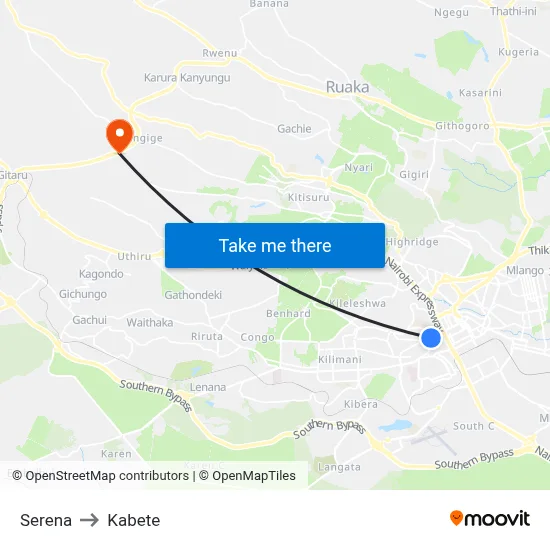 Serena to Kabete map