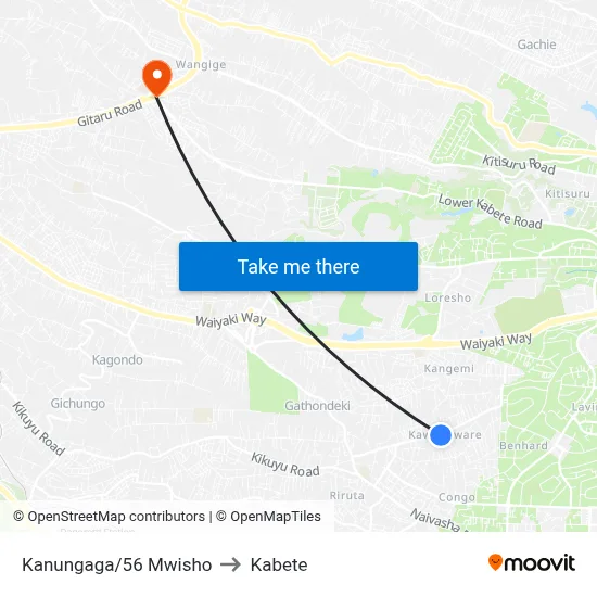 Kanungaga/56 Mwisho to Kabete map