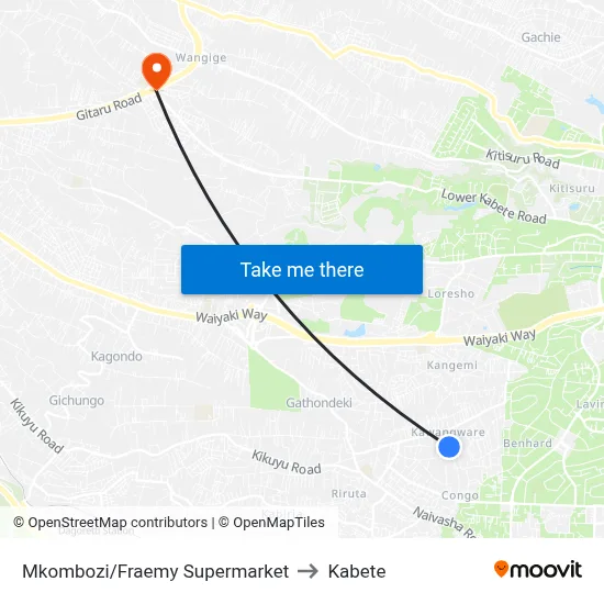 Mkombozi/Fraemy Supermarket to Kabete map