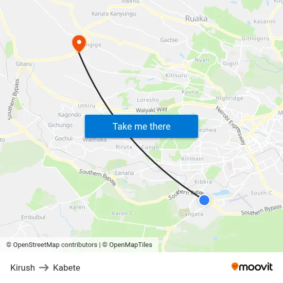 Kirush to Kabete map