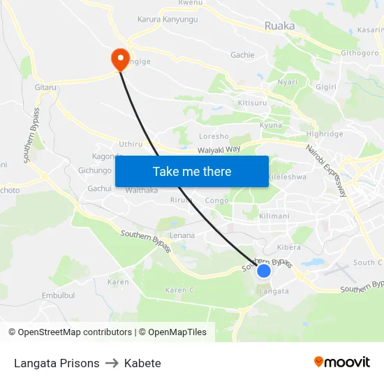 Langata Prisons to Kabete map