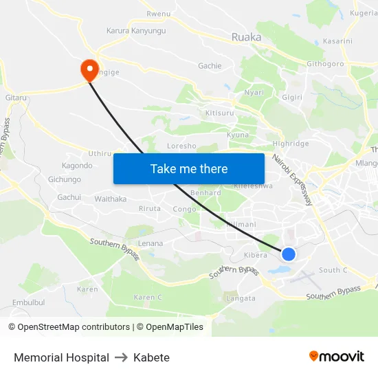 Memorial Hospital to Kabete map