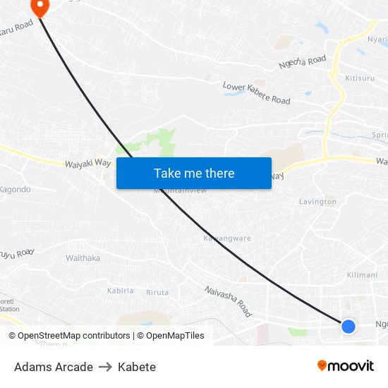 Adams Arcade to Kabete map