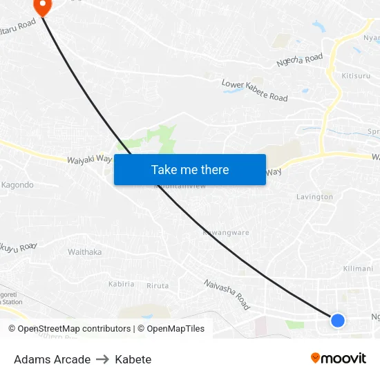 Adams Arcade to Kabete map