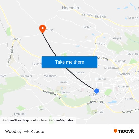 Woodley to Kabete map