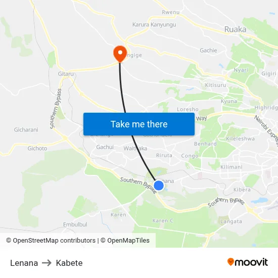 Lenana to Kabete map