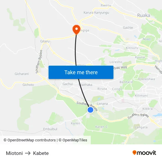 Miotoni to Kabete map