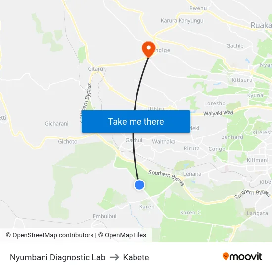 Nyumbani Diagnostic Lab to Kabete map