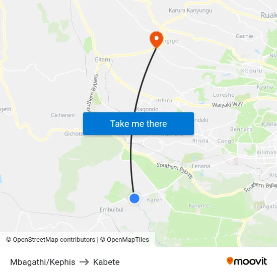 Mbagathi/Kephis to Kabete map