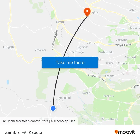 Zambia to Kabete map