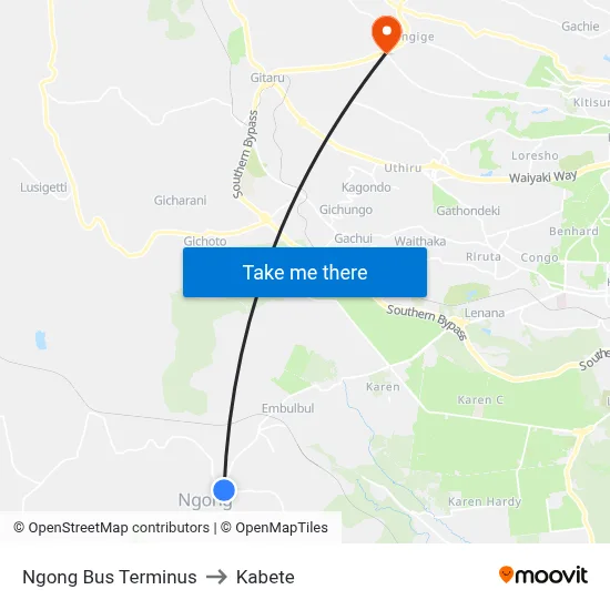Ngong Bus Terminus to Kabete map