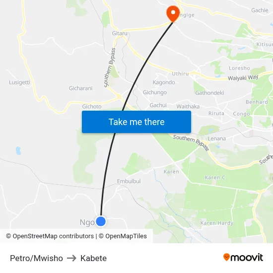 Petro/Mwisho to Kabete map