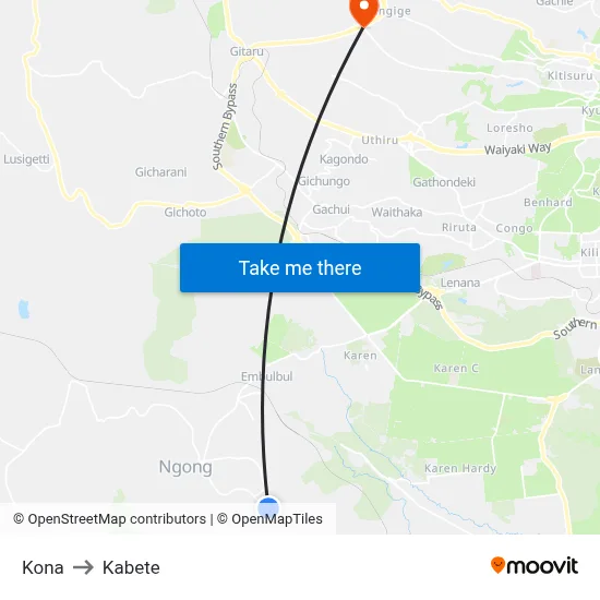 Kona to Kabete map