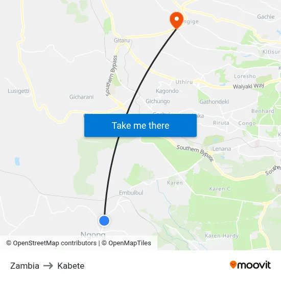 Zambia to Kabete map