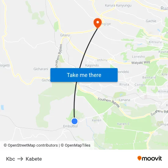 Kbc to Kabete map