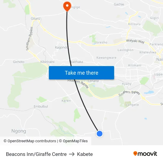 Beacons Inn/Giraffe Centre to Kabete map