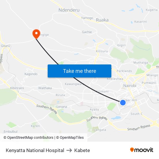 Kenyatta National Hospital to Kabete map