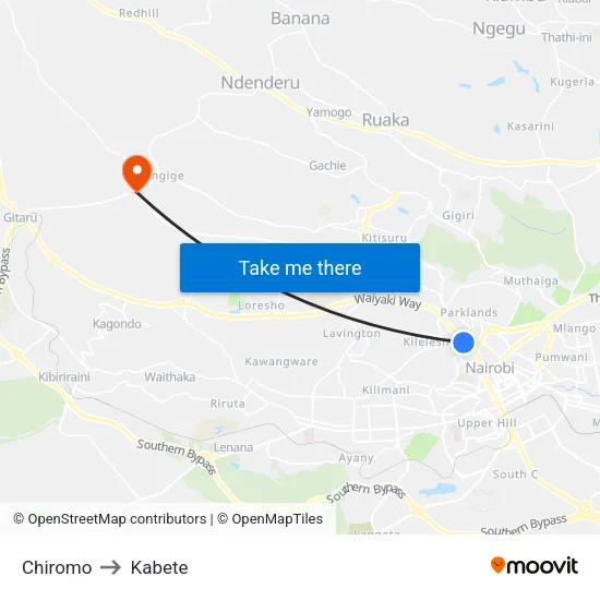 Chiromo to Kabete map