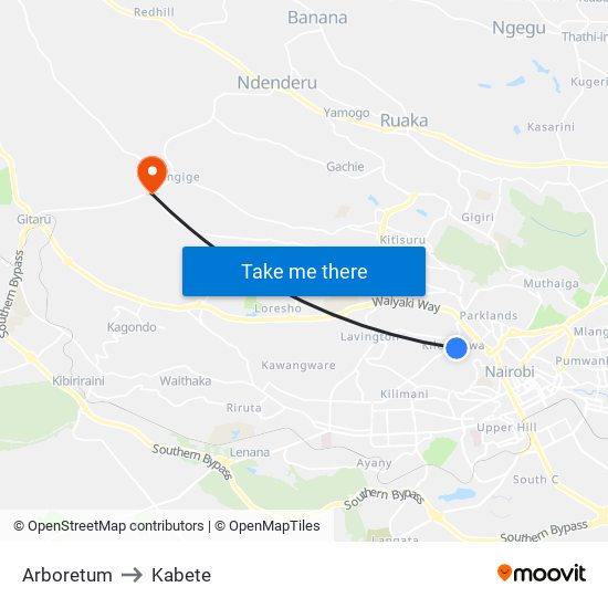 Arboretum to Kabete map