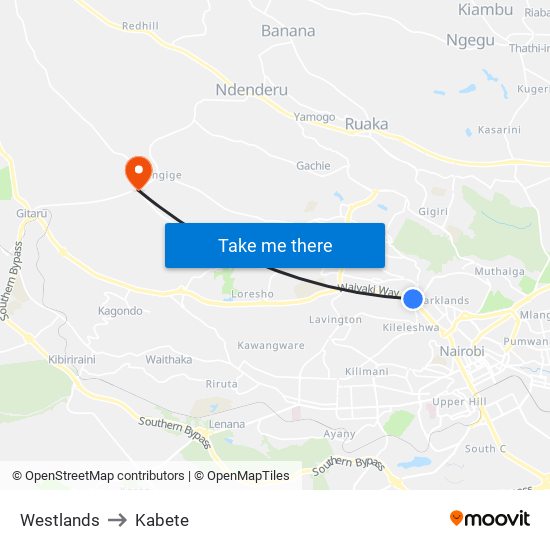 Westlands to Kabete map