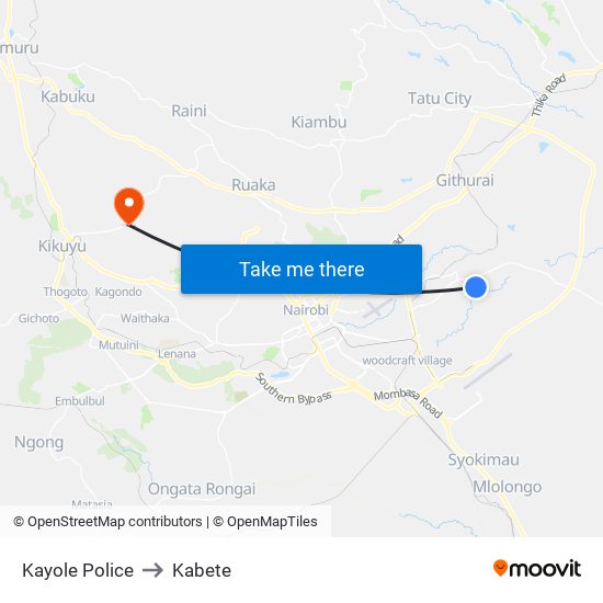 Kayole Police to Kabete map