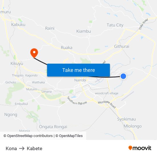 Kona to Kabete map