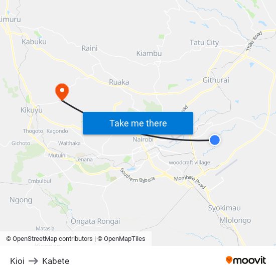 Kioi to Kabete map