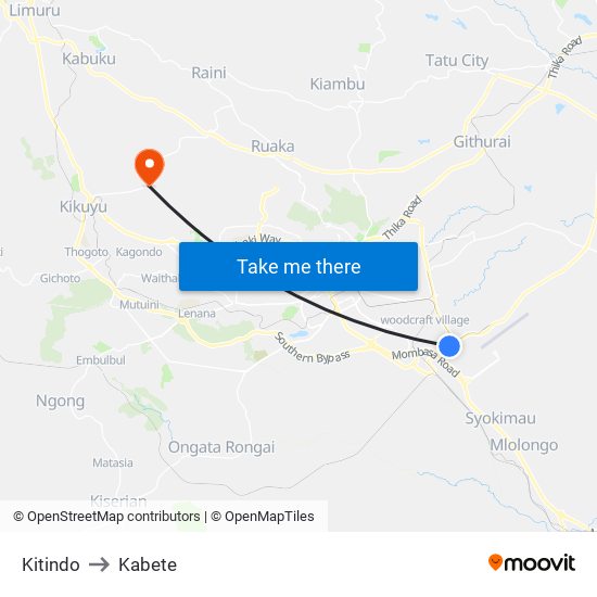 Kitindo to Kabete map