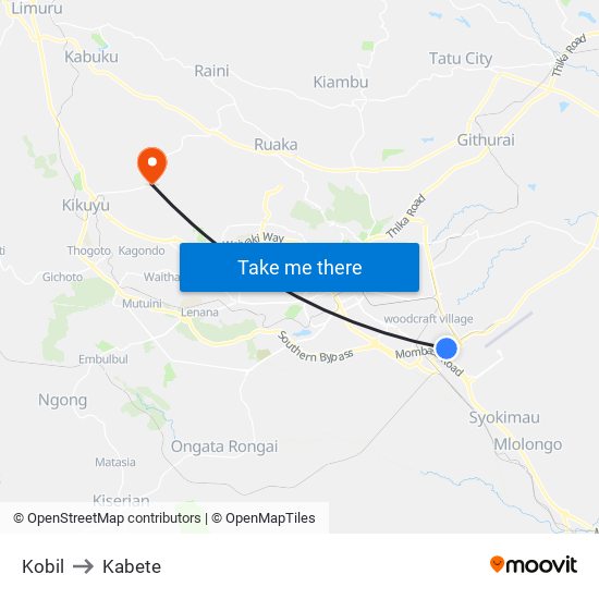 Kobil to Kabete map