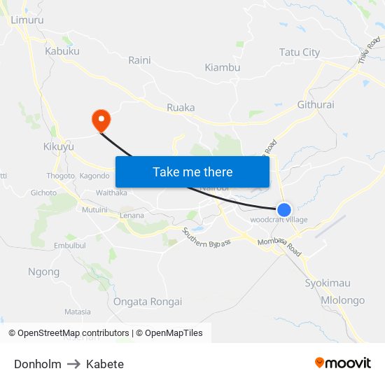 Donholm to Kabete map