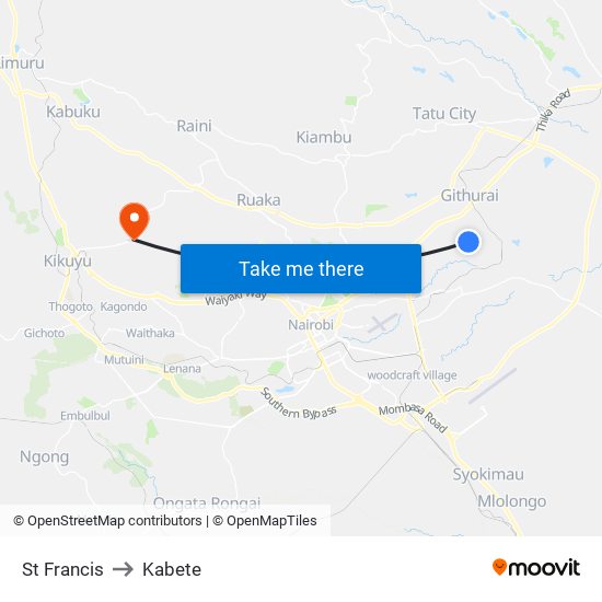 St Francis to Kabete map