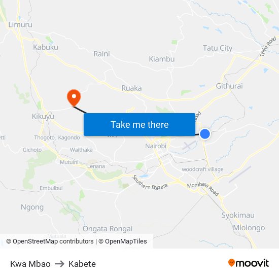 Kwa Mbao to Kabete map