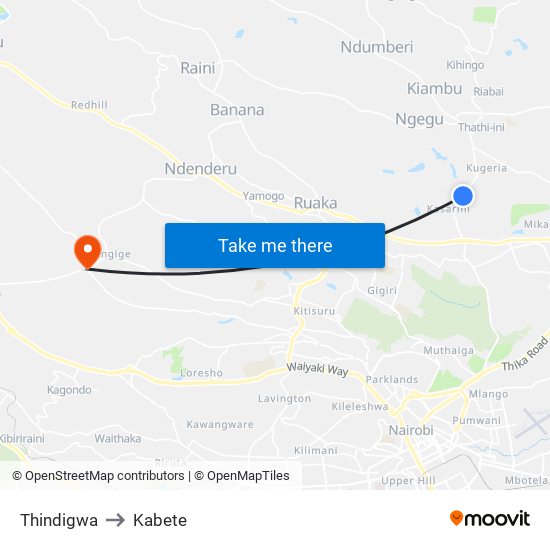 Thindigwa to Kabete map