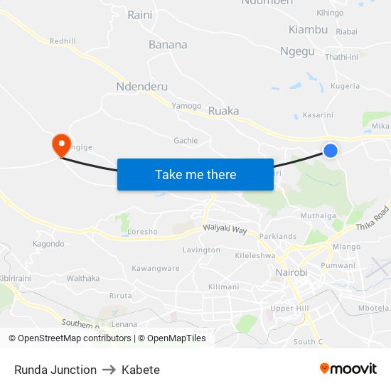 Runda Junction to Kabete map