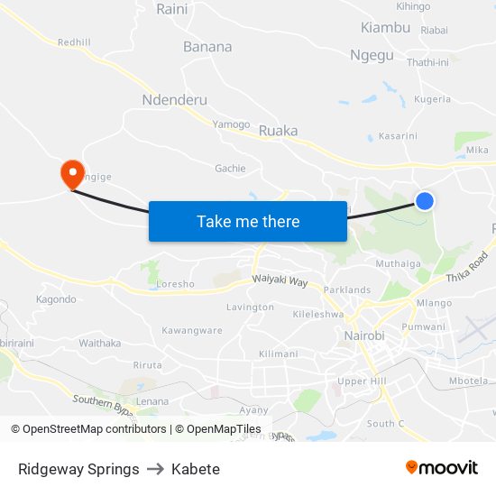 Ridgeway Springs to Kabete map