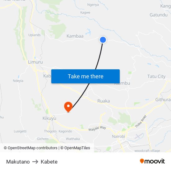 Makutano to Kabete map