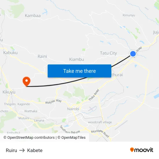 Ruiru to Kabete map