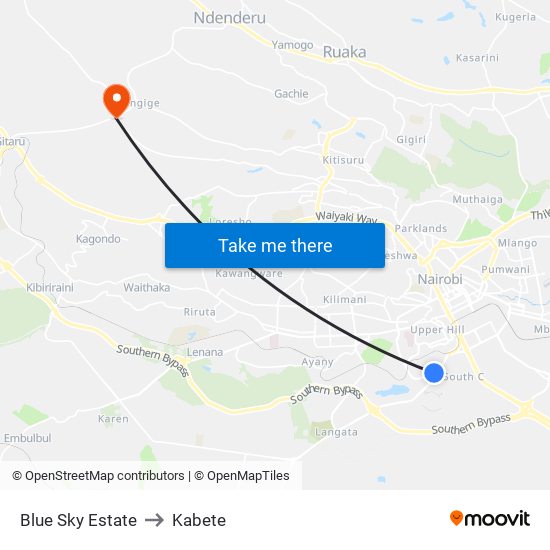 Blue Sky Estate to Kabete map