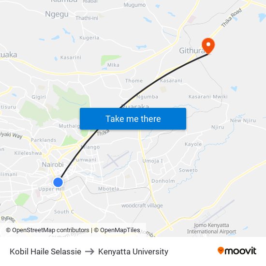 Kobil Haile Selassie to Kenyatta University map