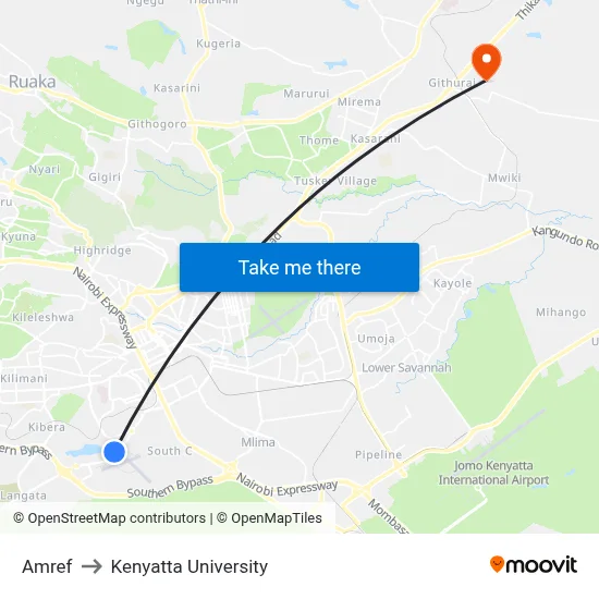 Amref to Kenyatta University map