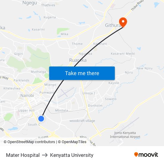 Mater Hospital to Kenyatta University map