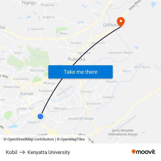 Kobil to Kenyatta University map