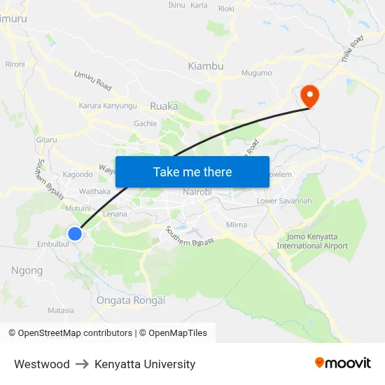 Westwood to Kenyatta University map