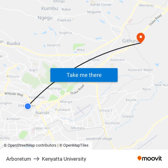 Arboretum to Kenyatta University map